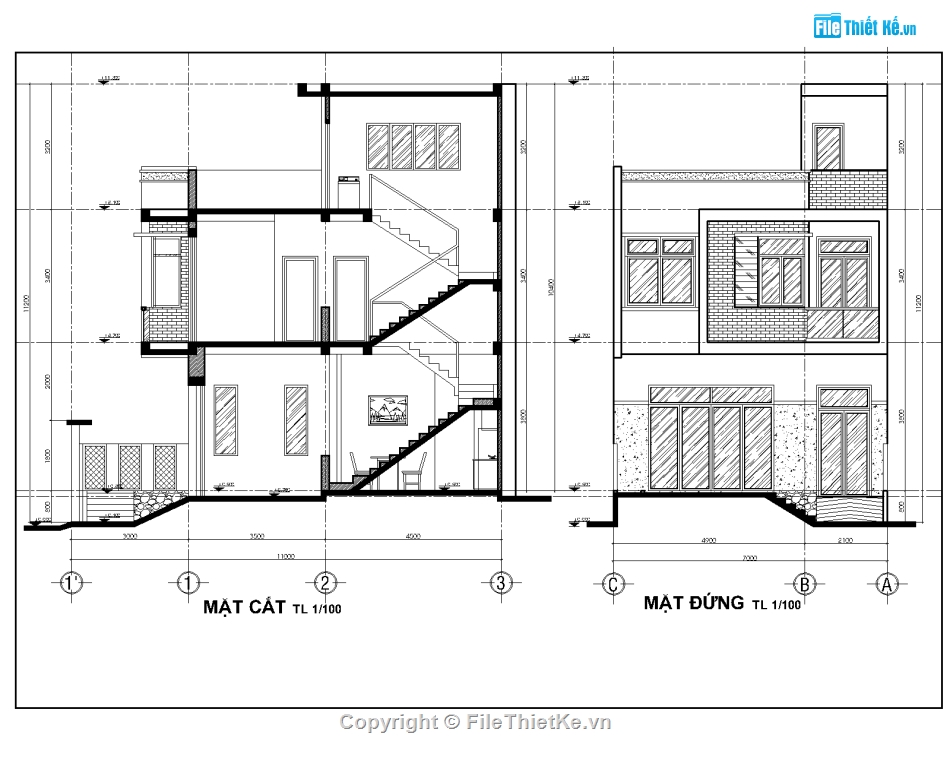 kiến trúc  nhà 2 tầng,kiến trúc 2 tầng,bản vẽ nhà phố 2 tầng,thiết kế nhà phố 2 tầng,nhà phố 2 tầng 7x11m